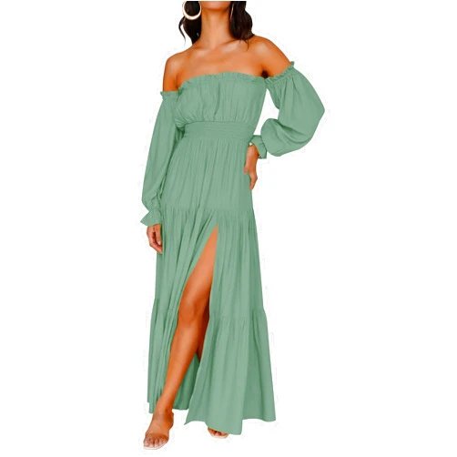 ZESICA Women's 2024 Boho Sexy Off Shoulder Long Sleeve Smocked High Waist Side Split Flowy A Line Tiered Long Maxi Dress