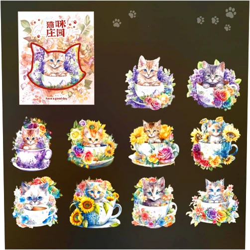 ZXMNBH PET Stickers for Scrapbooking Kit Teacup Kitten Aesthetic Paper Diary Planner Junk Journaling Decorative Supplies 20 Pcs/Pack
