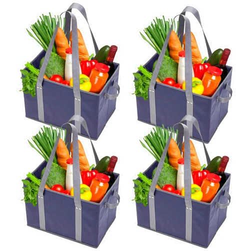 BAG-THAT! 4pk Reusable Grocery Bags Shopping Bags Tote Box Large Heavy Duty Groceries Bag Handles Foldable Reinforced Bottom (Navy Blue/Gray)