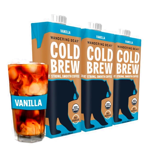 Wandering Bear Organic Vanilla Cold Brew Coffee, 32 fl oz, 3 pack - Extra Strong, Bold, Smooth, Unsweetened, Shelf-Stable, Ready to Drink, Gluten Free, & Vegan, Iced Cold Brewed Coffee Drinks