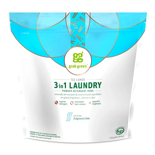 Grab Green 3-in-1 Laundry Detergent Pods, 132 Count, Fragrance Free, Plant and Mineral Based, Superior Cleaning Power, Stain Remover, Brightens Clothes