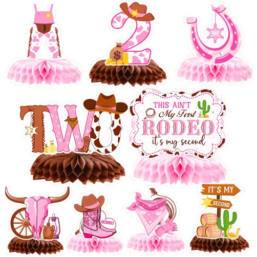 Gameza This Ain't My First Rodeo It's My Second Birthday Party Decorations, Cowgirl 2nd Birthday Table Decorations, 9PCS Western Rodeo Theme 2 Years Old Birthday Decor for Girls