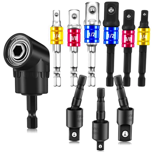 Moxweyeni 10 Pcs Drill Bit Sockets Adapter Extension Set Including Power Drill Adapters 360 Degree Rotatable Hex Shank Drill Adapters 105 Degree Angle Screwdriver Drill Bit for Household Workplace Industry