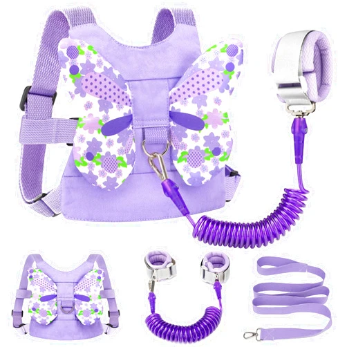 Accmor Toddler Harness Leash + Anti Lost Wrist Link, Kids Butterfly Harnesses With Children Leashes, Cute Baby Leash Walking Assistant Wristband Strap Tether for Girls Outdoor (Purple)