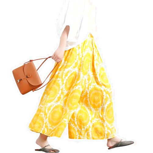 chouyatou Women's Loose Floral Printed Cotton Crop Pants Elastic Waist Wide Leg Palazzo Trousers