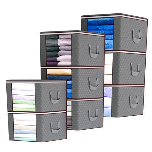 Isbasa 8 Pack 90L Foldable Storage Bags for Large Clothes, Comforter, Blanket, Pillow with Clear Window Sturdy Zipper and Reinforced Thick Fabric Handle, Grey