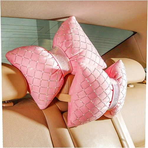 Carwales Car Headrest Pillow Pink Sparkly Bling Rhinestone Accessories for Women Seat Neck Support Pillow for Travel Driver Chair Head Rest 2pcs