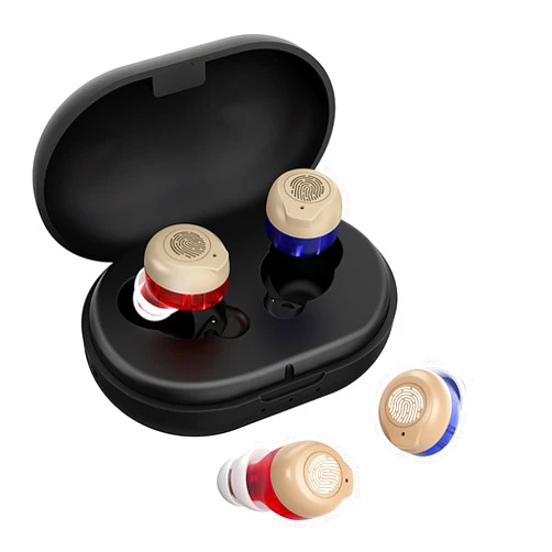 Swaloo Miniature Rechargeable Touch Hearing Aids for Seniors and Adults Severe Hearing Loss with Noise Cancelling，Easy Volume Control，Blue & Red Pair With Portable Charging Case，Suitable Gift for Elders (black)