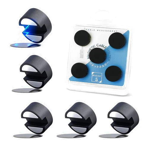 Maveek 5 Sets Black Clips Super Magnetic Cable Management System-Wire Fixing Summary Concave Round Buckle includes Metal Plate Adhesive Desktop Wall Kitchen USB LAN