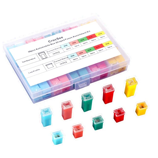 CrocSee 30 Pieces Car Fuses Assortment Kit, Tall/Standard and Low Profile Box Shaped Automotive Fuses for Pickup Trucks, Cars, RVs, and SUVs