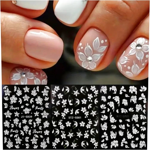 FBABFBUO White Flower Nail Art Stickers Decals 3PCS Spring Flowers 5D Embossed Nail Decals White Flower Leaf Design Self-Adhesive Nail Art Supplies Manicure Sliders for Women Girls Summer Nail Art Decorations