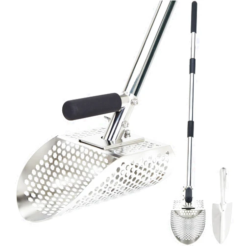 PAMLIAPY Sand Scoop for Metal Detecting, Stainless Steel Metal Detector Scoop with Long Steel Handle, Sand Sifter for the Beach, Metal Detector Accessories, Metal Detecting Shovel, Sand Flea Rake for Beach