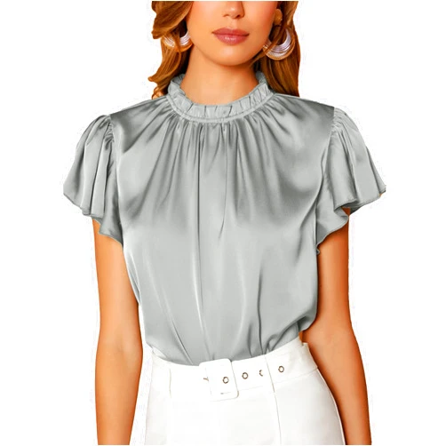Maysoar Satin Tops for Women Frill Mock Neck Silk Blouse Casual Butterfly Sleeve Shirt