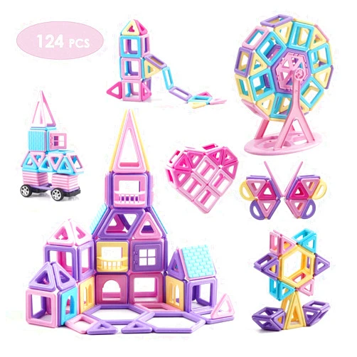 VIXA Magnetic Blocks Educational Castle Building Toys Creativity Kids DIY Magnetic Tiles with Wheels Storage Box Ideal for Birthday Halloween Christmas Party Gift for Girls & Boys-124 pcs