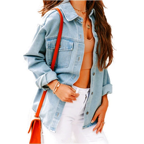 Anna-Kaci Light Wash Button Down Oversized Denim Jacket for Women
