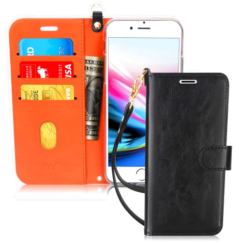 FYY for iPhone 8 Plus Case/iPhone 7 Plus Case, PU Leather Flip Wallet Phone Case with Card Holder Wrist Strap Kickstand Protective Cover for iPhone 7 Plus/8 Plus 5.5