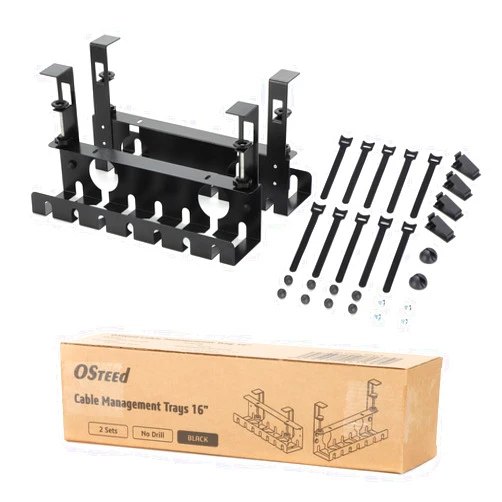 OSteed Under Desk Cable Management Tray 2 Pack Black, Cable Management Under Desk No Drill, Cord Organizer for Desk, Cable Tray with Clamp for Desk Wire Management, Home & Office Desk Accessories