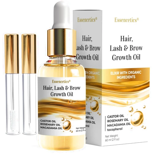 Essencetics Castor Oil Organic Cold Pressed Unrefined Glass Bottle, Eyebrow Eyelash Growth Serum, Hexane-Free, Pure Rosemary, Macadamia Infused Oils for Hair and Scalp Growth, Natural Brow Lash Oil 2oz