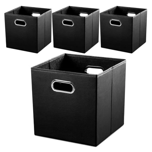 PRANDOM Leather Foldable Cube Storage Bins 13x13 inch [4-Pack] Fabric Storage Baskets Cubes Drawer with Cotton Handles Organizer for Shelves Nursery Closet Bedroom Clothes Black