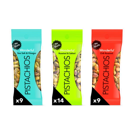 Wonderful Pistachios No Shells, 3 Flavors Mixed Variety Pack of 32 (0.75 Ounce), Roasted & Salted Nuts (14), Chili Roasted (9), Sea Salt & Vinegar (9), Protein Snacks, Gluten Free, Bulk Snacks