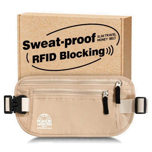 Bamneat Hidden Money Belt for Travel, RFID Blocking, Sweat-Proof, Heavy-Duty Buckle, 3rd Gen Waist Wallet Anti Theft to Protect Cash, Credit Cards and Documents Under-Clothes for Men & Women, Beige