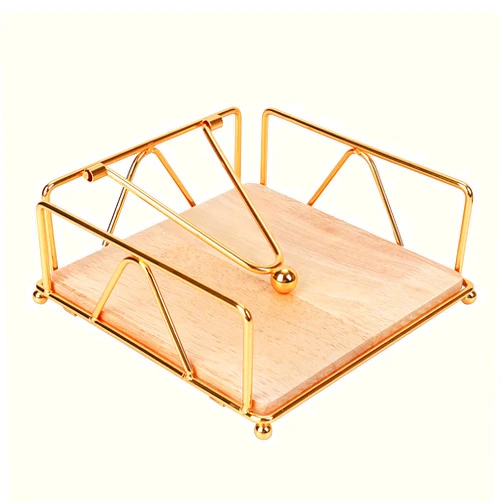 Aeibun Metal Gold Napkin Holder for Table with Weight Arm - Flat Paper Napkins Holders for Kitchen Table with Wood Base, Farmhouse Paper Holder Dispenser for Cocktail, Bathroom, Party, Room Decor