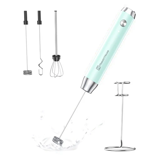 Maestri House Rechargeable Milk Frother with 3 Heads, Handheld Electric Foam Maker Waterproof Detachable Stainless Steel Whisk Drink Mixer Foamer with Stand for Lattes, Cappuccino, Egg