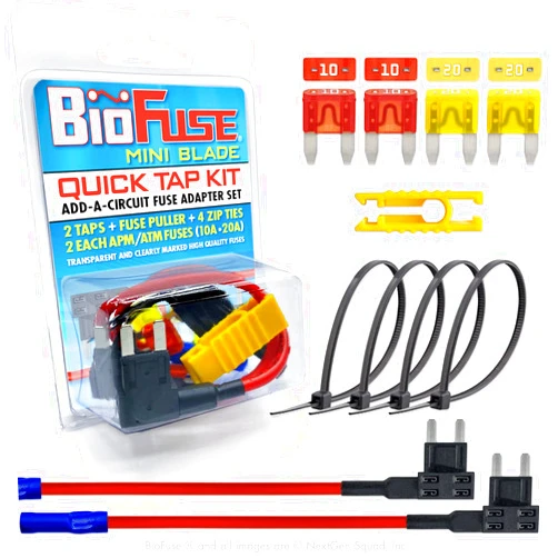 BIOFUSE 12 AWG Mini APM ATM Quick TAP KIT: 2 Add-A-Circuit Car Fuse Tap Adapters, 2 Each (10A 20A) Blade Fuses, 4 Zip Ties + Fuse Puller