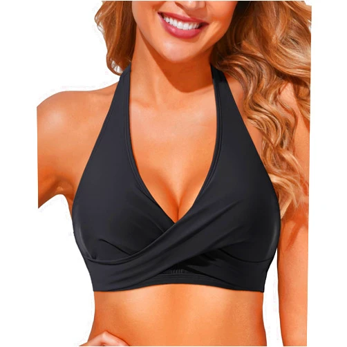 Holipick Women Halter Bikini Top Push Up Bathing Suit Top V Neck Full Coverage Swimsuit Top Only