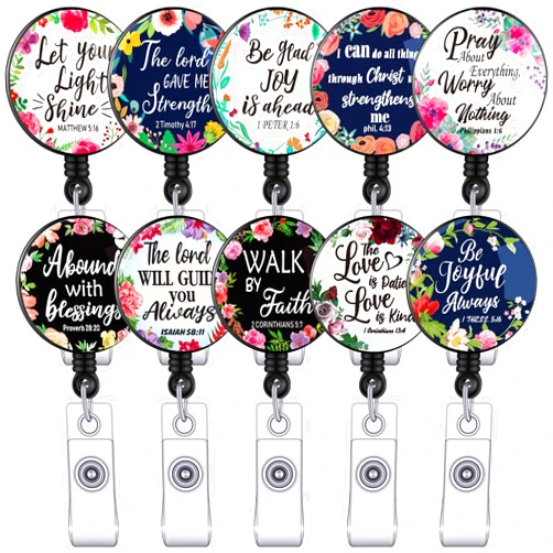 Outus 10 Pieces Badge Reel Christian Retractable ID Badge Holder Inspirational Scripture Name Badge Clip Decorative Badge Holder for Nurses Doctors Teachers Students