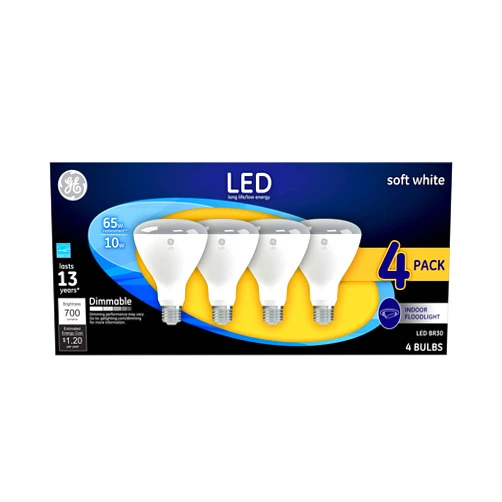 GE Lighting LED Indoor Floodlight Bulbs, 10 Watt (65 Watt Equivalent) Soft White, BR30 Bulb Type, Medium Base, Dimmable (4 Pack)