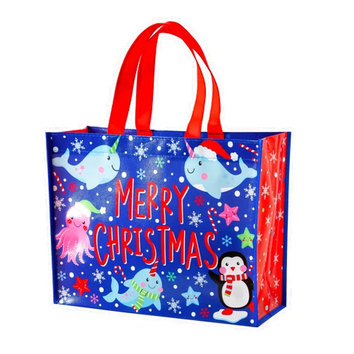 WRAPAHOLIC Ocean Christmas Large Reusable Gift Bag with Handles - 10 x 5 x 13 inch - Merry Christmas Animal Under the Sea Gift Bags, Perfect for Holiday, Party Favor, Shopping