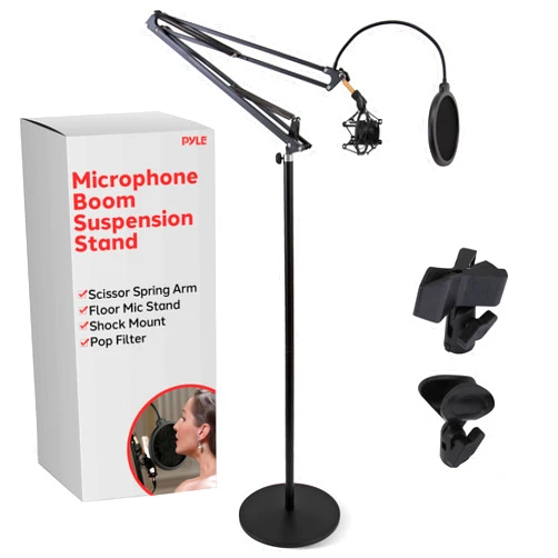 Pyle Microphone Boom Suspension Stand - Adjustable Scissor Spring Arm Floor Mic Stand with Shock Mount, Pop Filter, 3.1 ft Arm Extension for Podcast, Studio, Streaming, Radio Broadcasting, Black