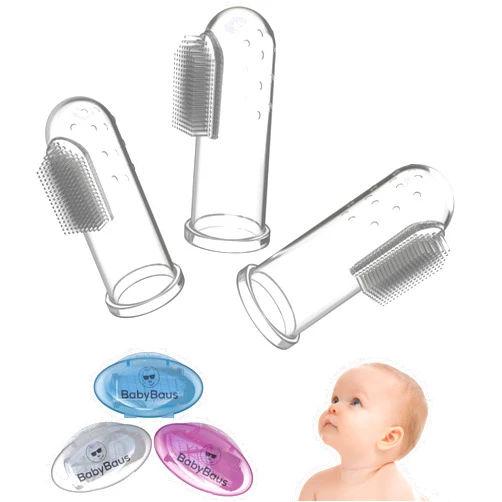 BabyBaus Baby Finger Toothbrush | Easy Oral Hygiene for Kids, Toddlers, Babies and Pets | Soft, Massaging Bristles, Ergonomic Design – Set of 3, with 3 Cases in Blue, Pink, Clear