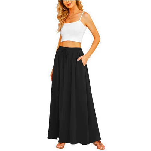 Yincro Women's Flowy Maxi Skirt Summer Pleated High Waisted Casual Long Skirts with Pockets