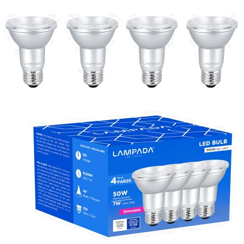 LAMPADA PAR 20 5000k LED Dimmable Flood Light Bulb Dimmable Bulbs for Recessed and Track Lighting Bulbs E26 Medium Base 50W Halogen Equivalent, 500 Lumens, 5000K Daylight White Pack of 4