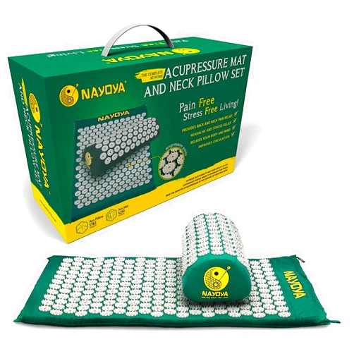 NAYOYA Neck and Back Pain Relief - Acupressure Mat and Neck Pillow Set - Relieves Stress and Sciatic Pain for Optimal Health and Wellness - Comes in a Carry Box with Handle for Storage and Travel