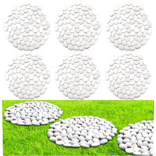 Ausluru 10in River Rock Stepping Stones Set - 6 Pack | Polished Pebble | Long-Lasting PVC Mesh Backing | Perfect for Garden Paths and Lawns Outdoor Landscaping Decoration | White Circle