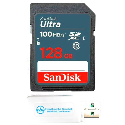 Everything But Stromboli SanDisk 128GB UHS-I Ultra Memory Card SDXC Class 10 Card SDSDUNR-128G-GN3IN - Bundle with 1 Everything But Stromboli SD & MicroSD Memory Card Reader