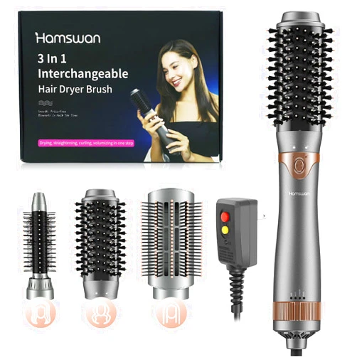 HAMSWAN Hair Dryer Brush, Hot Air Brush, Interchangeable 3 Brush Heads Hair Dryer & Volumizer Styler One-Step Blow Dryer Brush for Drying, Combing, Styling, Straightening