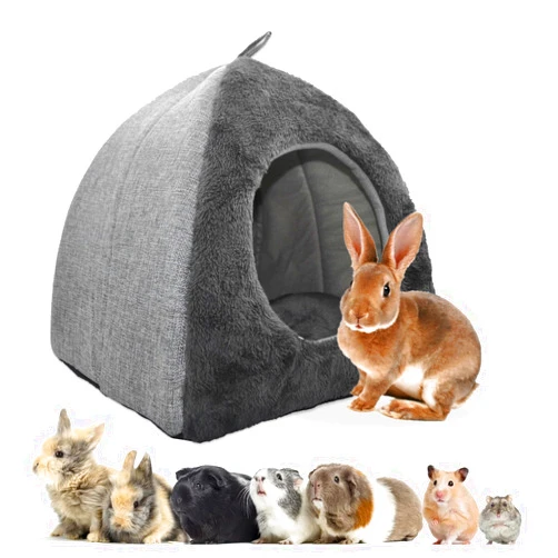 kathson Rabbit Bed Warm Hideout Bunny Cave Beds House Cozy Guinea Pig Hideouts with Foldable Winter Sleeping Nest for Small Animals Cats Hamsters Chinchillas Ferrets (Dark Grey)