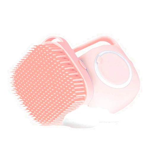 MISTHIS Portable Dog Bath Brush - Pet Massage Brush Shampoo Dispenser, Soft Silicone Brush Rubber Bristle for Dogs and Cats Shower Grooming (Pink)