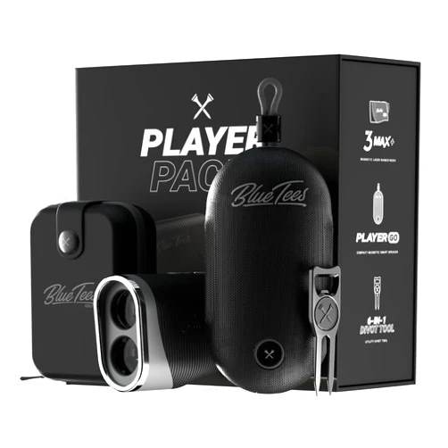 Blue Tees Golf Player Pack GO Bundle - Series 3 Max+ Rangefinder with Premium Case, The Player GO GPS Equipped Magnetic Speaker & Premium 6-in-1 Utility Divot Tool - The Complete Golf Bundle