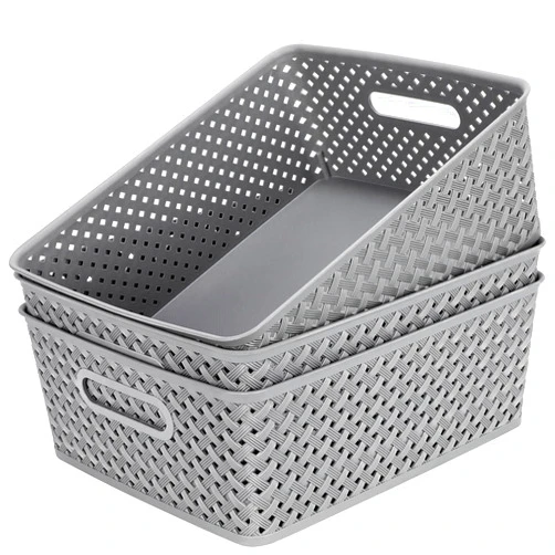 MaxGear Organization and Storage 3 Packs, Plastic Storage Bins Organizer Bins, Woven Baskets for Storage, Plastic Baskets with Handles Storage Baskets for Organizing, Basket Organizer for Home, Large