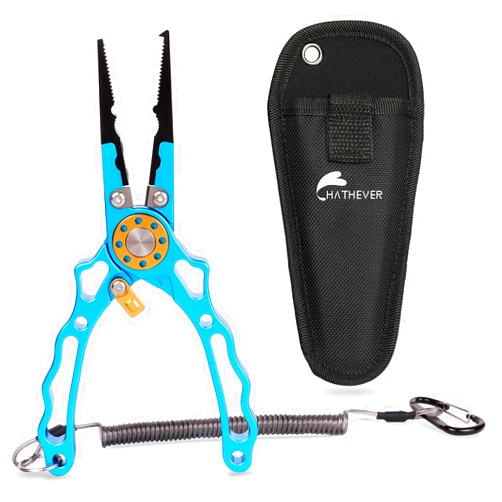 Hathever Fishing Pliers Saltwater, Split Ring Pliers Hook Remover with Safety Lock, Fishing Tools with Sheath and Lanyard, Fishing Gifts for Men