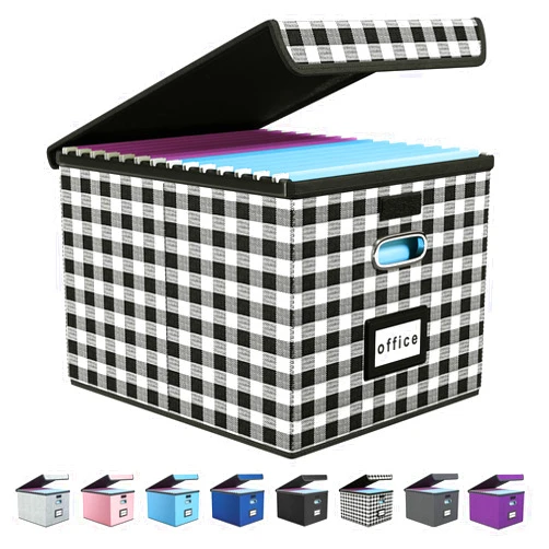Huolewa New Collapsible File Storage Organizer Box with Lid, Huolewa Lattice Linen Office Document Storage, Universal Hanging Filing Organization Box for Letter/Legal Folder, Decorative Home File Storage Bin