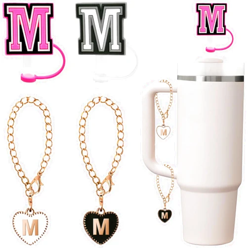Yisinar Straw Cover for Stanley Cup Accessories White Black Letter Cover Cap Letter Charms for Stanley 30&40 Oz Tumblers with Handle/Yeti,Initial Letter Name Plate Straw Toppers (M 2pcs letter & 2pcs charms)