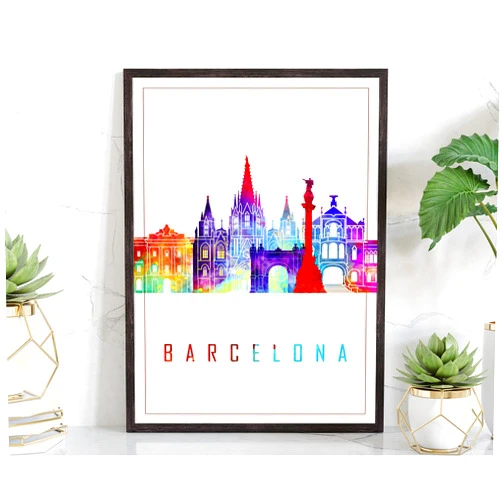 Generic Modern Illustration World Cities Poster, Barcelona Landmarks Watercolor Poster, Spain Map Poster, Barcelona Cityscape Art Poster Print - 12 * 18 Inches