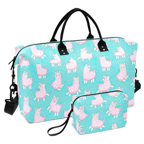 TSENQUE Cute Pink Fluffy Llama Alpaca Pink Travel Duffle Bags Cosmetic Bag Set, Print Sports Bag Weekend Bag Duffel