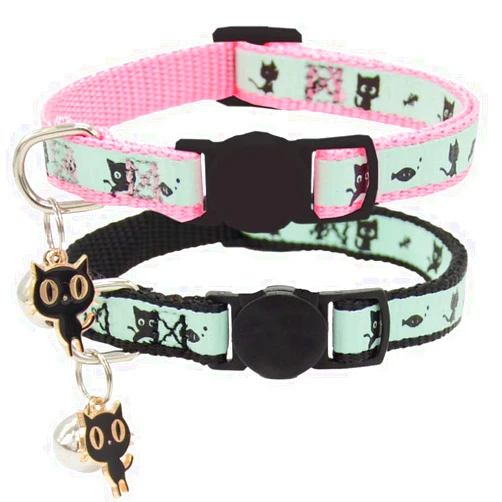 Barleygoo 2 Pack Glow in The Dark Cat Collar with Bell Breakaway Safety Cat Puppy Collars with Pendant Black and Pink